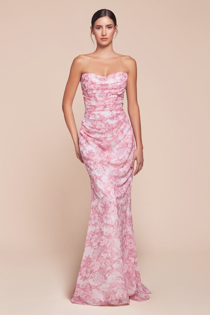 Strapless Floral Printed Soft Satin Dress