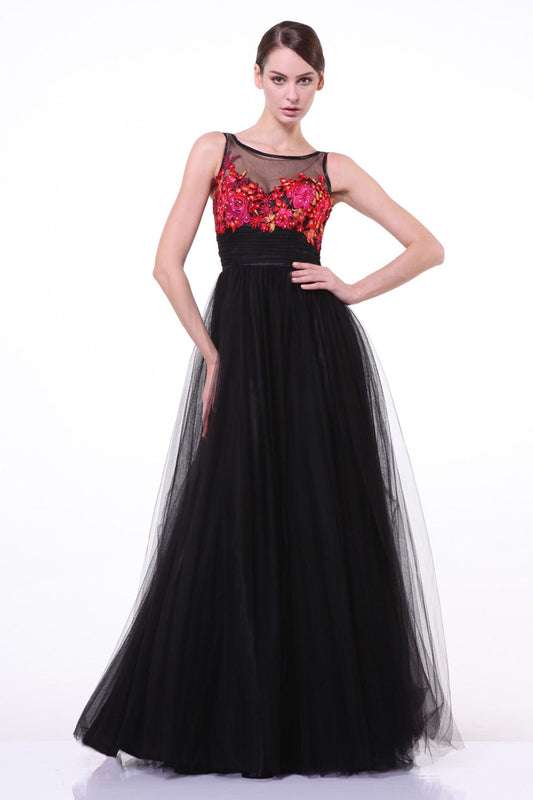 A-line dress with round illusion neckline and 3D flowers