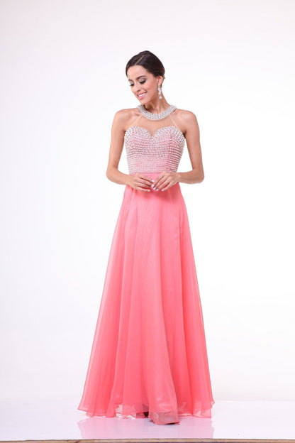 Illusion High Halter on Chiffon Dress