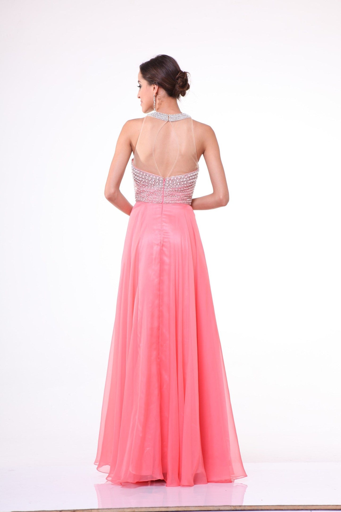 Illusion High Halter on Chiffon Dress