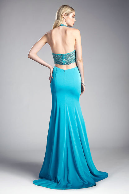 Fitted Stretch Jersey Gown with Halter Neckline and Cut Outs