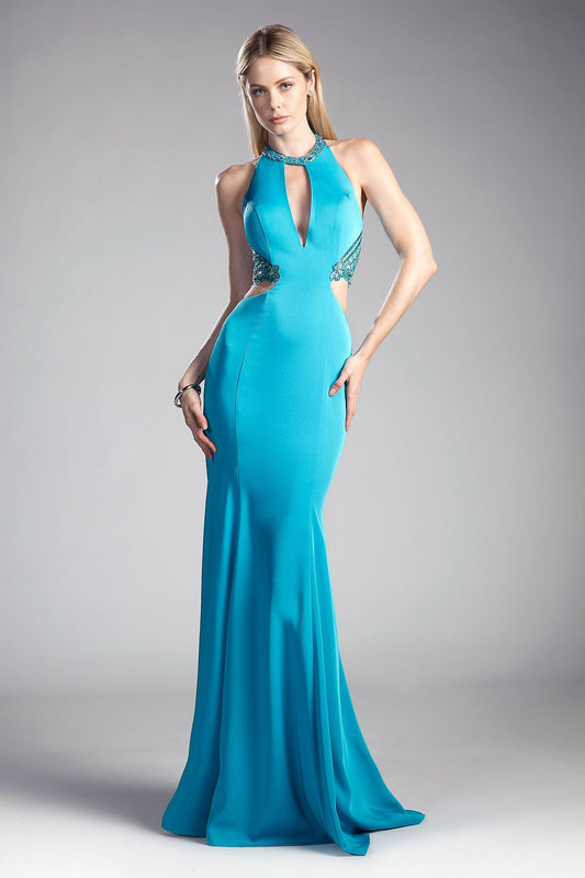 Fitted Stretch Jersey Gown with Halter Neckline and Cut Outs