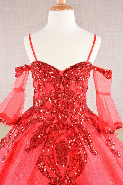 Glitter Sequin Embellished Mesh Kids Dress with Separate Mesh 3/4 Sleeves