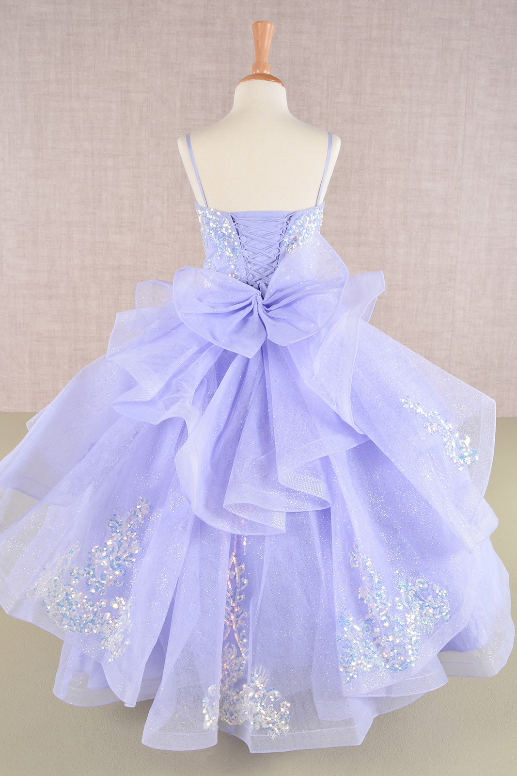 Spaghetti Strap Sequin Mesh Kids Dress with a Detachable Ribbon and Ruffled Back Skirt