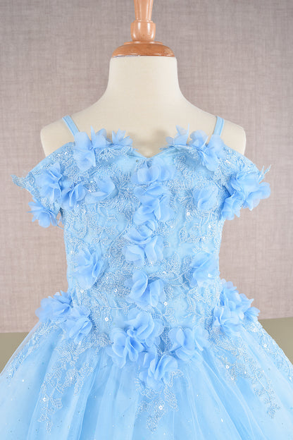 3D Floral Applique Embellished Glitter Embroidery Mesh Kids Dress