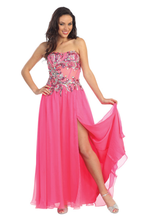 Jewel and Sequin Embellished Strapless Chiffon Long Dress with Sheer Cut Out and Side Slit