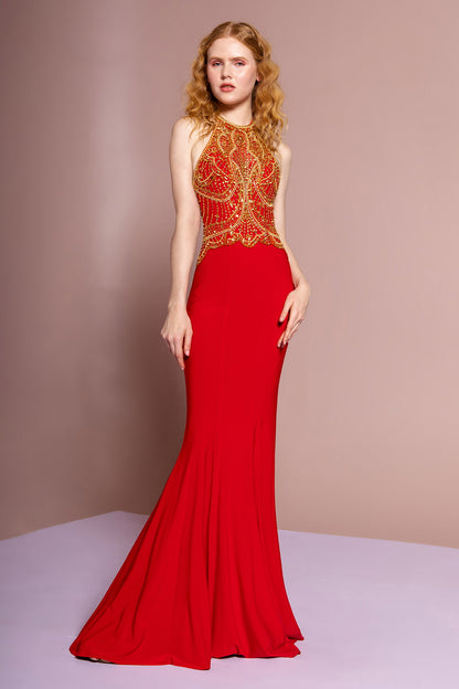 Halterneck Jersey Long Dress with Beaded Bodice