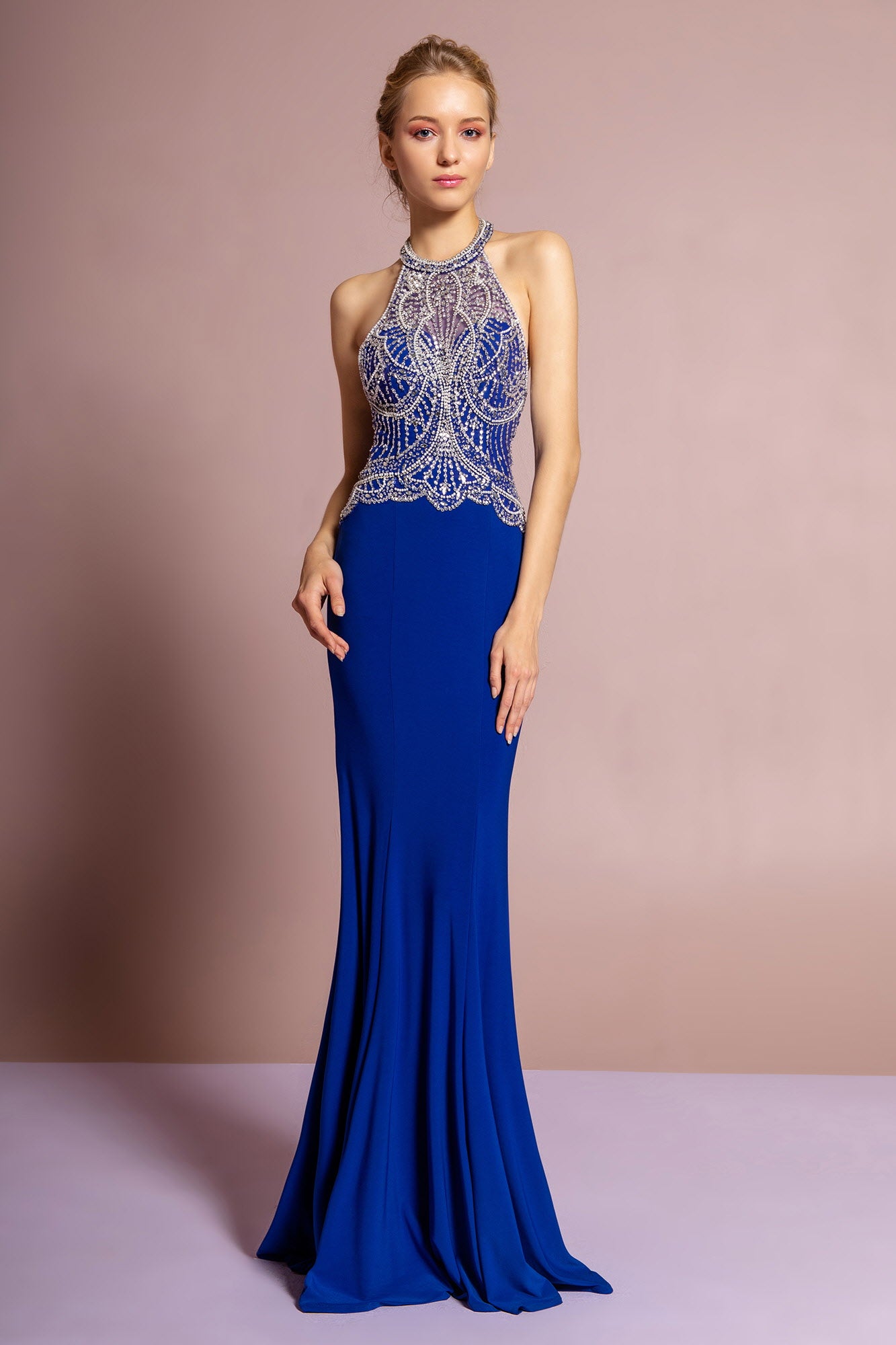 Halterneck Jersey Long Dress with Beaded Bodice