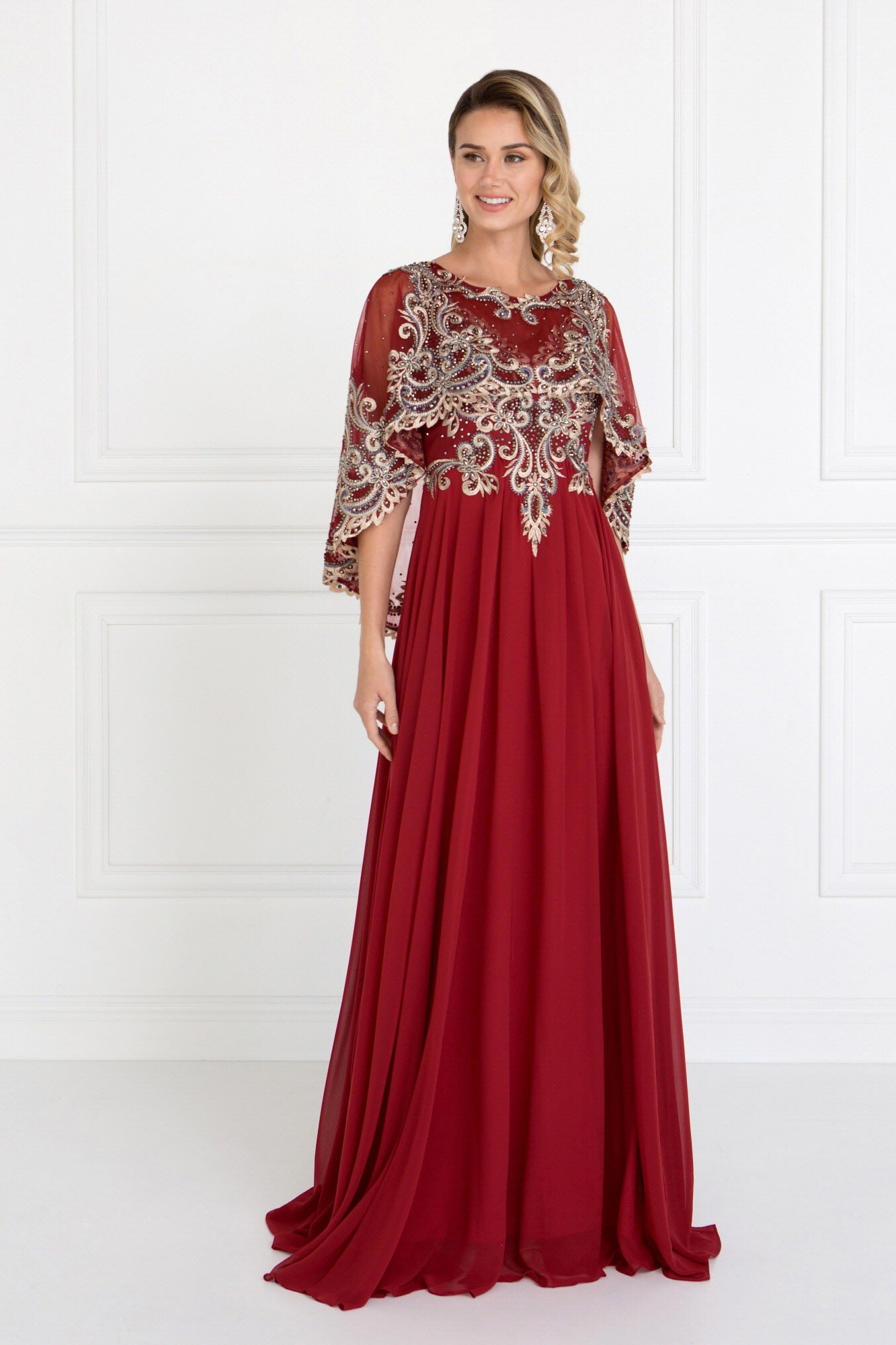 Chiffon A-Line Long Dress with Embroidered Cape Sleeves