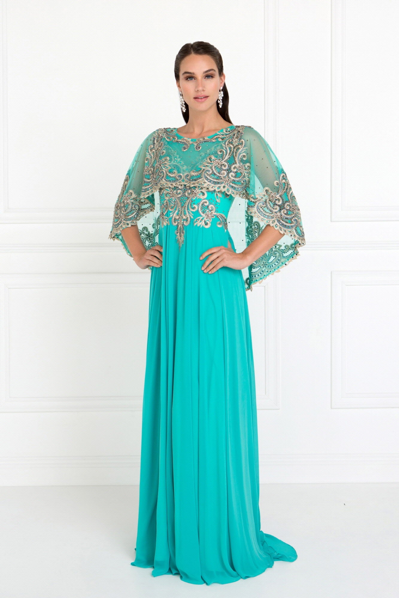 Chiffon A-Line Long Dress with Embroidered Cape Sleeves