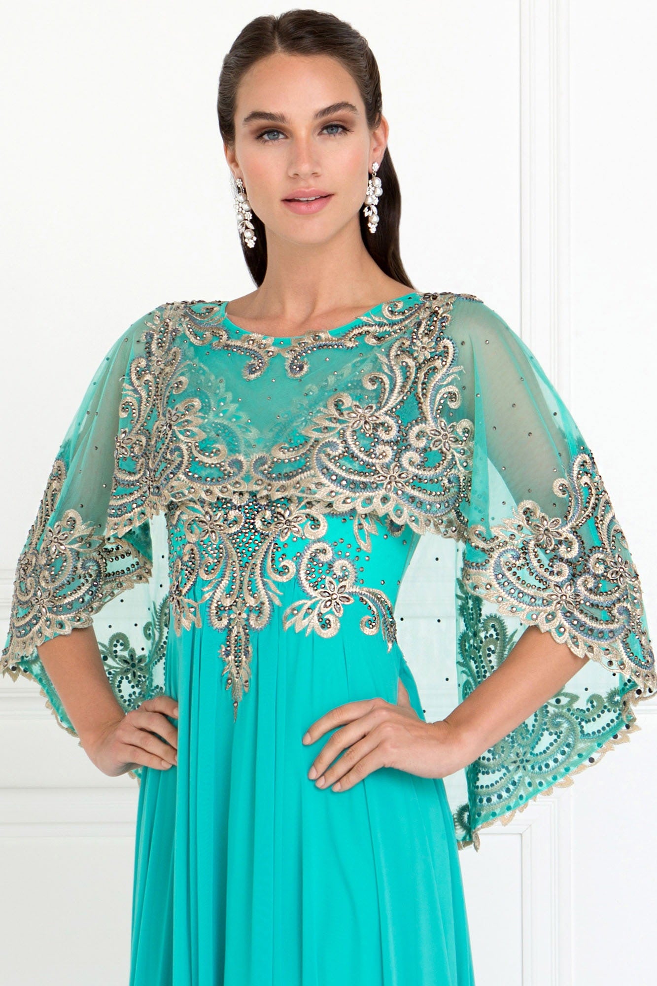 Chiffon A-Line Long Dress with Embroidered Cape Sleeves