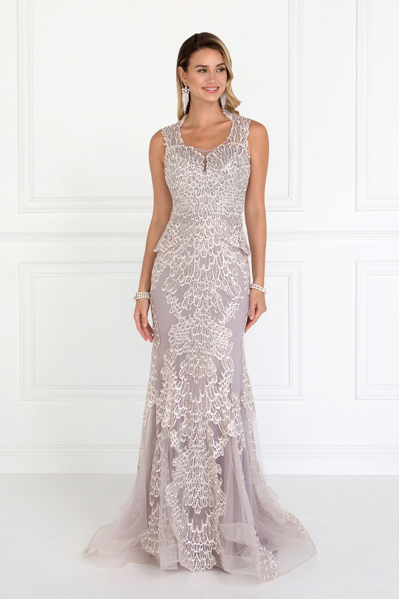 Mesh Mermaid Long Dress with Embroidery and Jewels Embellished