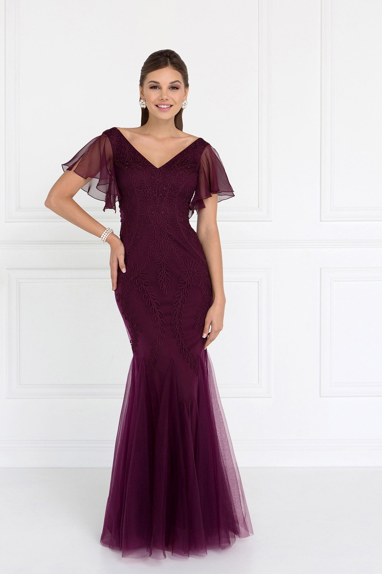 Tulle V-Neck Trumpet Long Dress with Short Sleeves