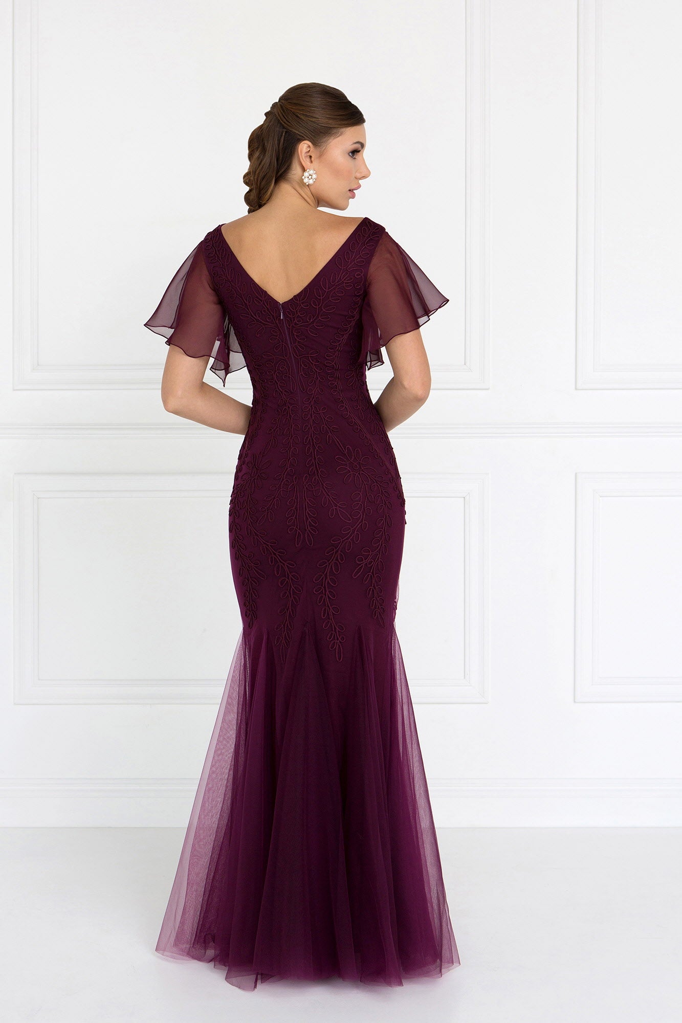 Tulle V-Neck Trumpet Long Dress with Short Sleeves