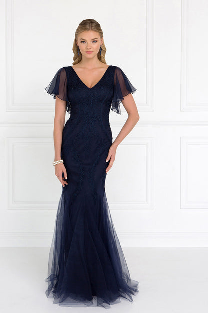 Tulle V-Neck Trumpet Long Dress with Short Sleeves