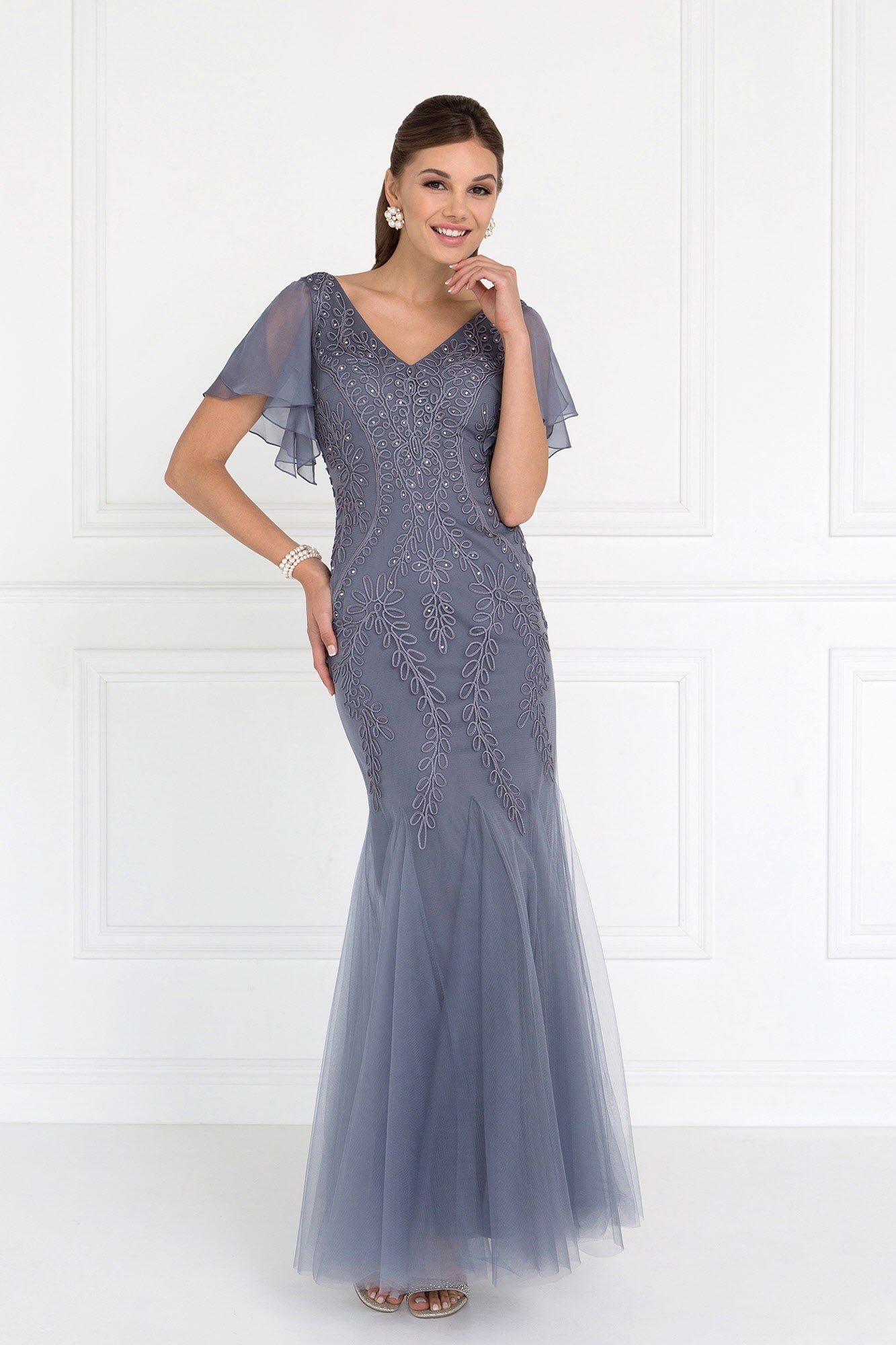 Tulle V-Neck Trumpet Long Dress with Short Sleeves