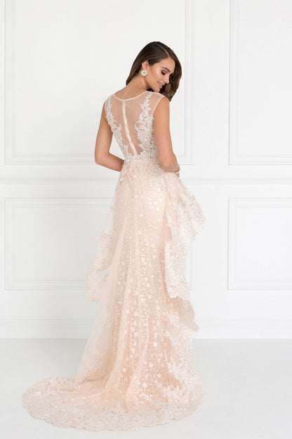 Lace Mermaid Long Dress with Sheer Back and Tulle Overlay