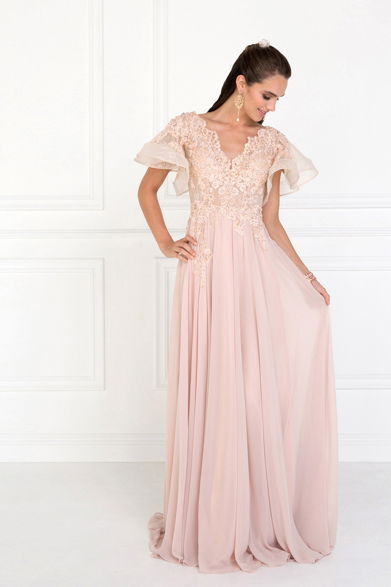 Chiffon Wide V-Neck A-Line Long Dress with Ruffled Short Sleeves