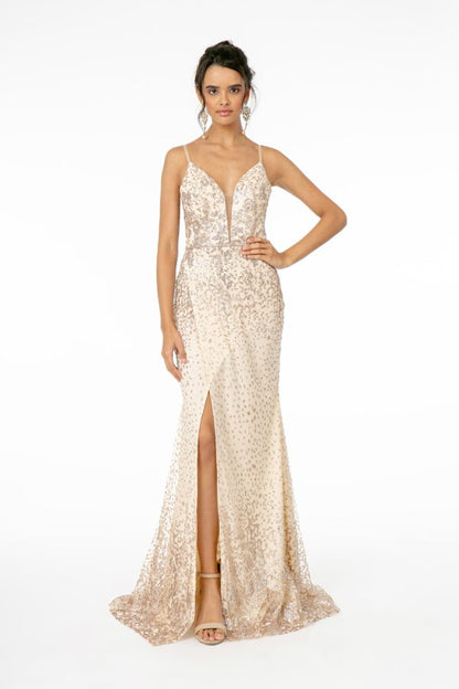 Glitter Mesh Illusion Deep V-Neck Long Dress w/ Slit