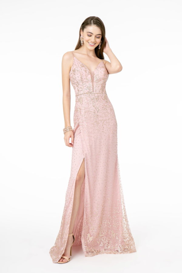 Glitter Mesh Illusion Deep V-Neck Long Dress w/ Slit