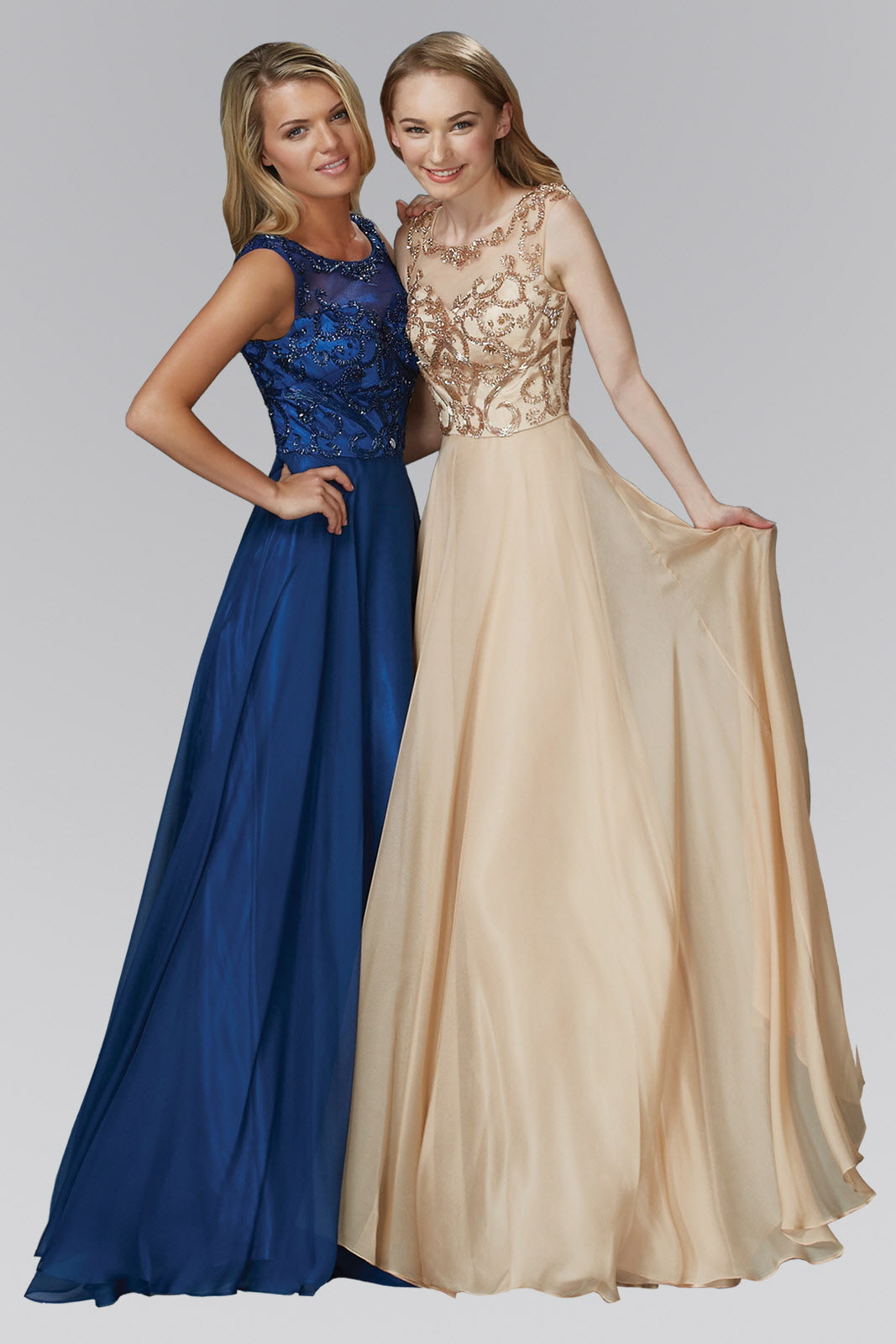 Chiffon Long Dress with Beaded Bodice