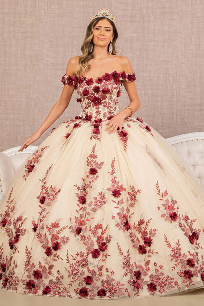 3-D Flower Embroidery Off Shoulder Mesh Quinceanera Gown