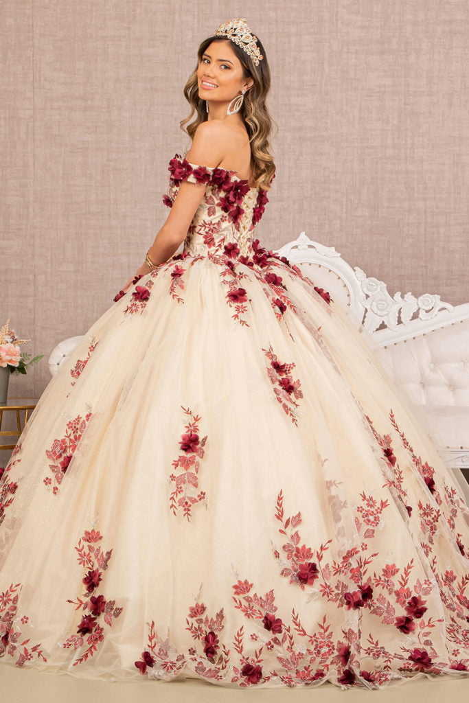 3-D Flower Embroidery Off Shoulder Mesh Quinceanera Gown