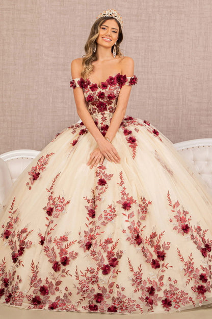 3-D Flower Embroidery Off Shoulder Mesh Quinceanera Gown