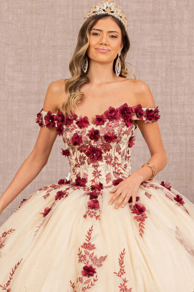 3-D Flower Embroidery Off Shoulder Mesh Quinceanera Gown