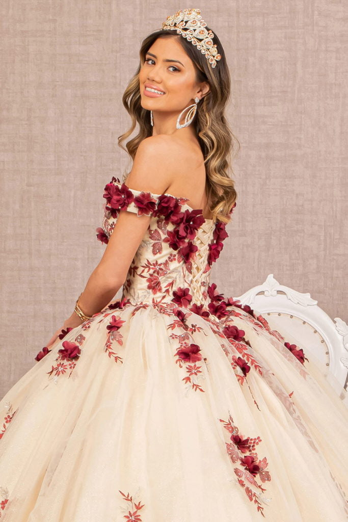 3-D Flower Embroidery Off Shoulder Mesh Quinceanera Gown