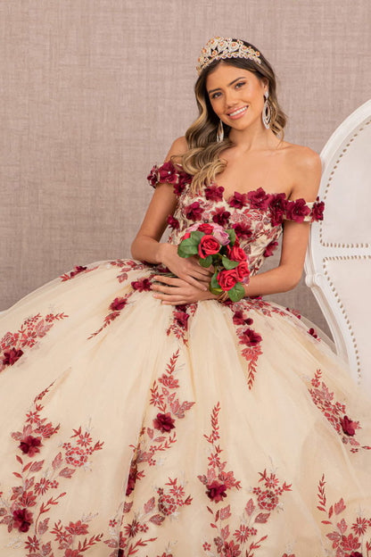 3-D Flower Embroidery Off Shoulder Mesh Quinceanera Gown