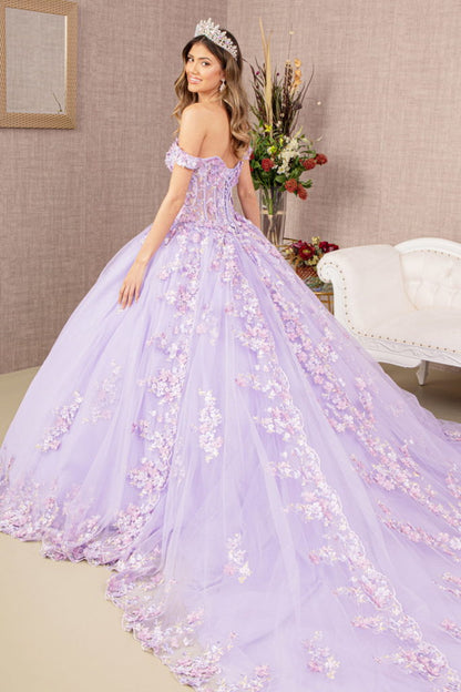 3-D Flower Applique Jewel Mesh Quinceanera Gown w/ Long Tail