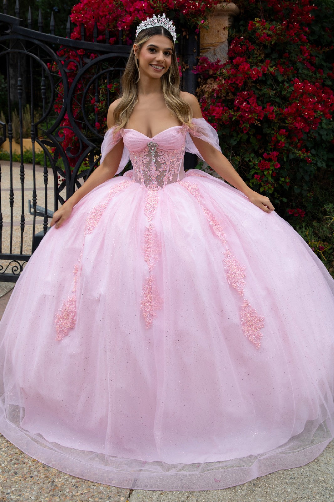 Sheer Bodice Lace Embellished Glittet Mesh Sweetheart Quinceanera Dress