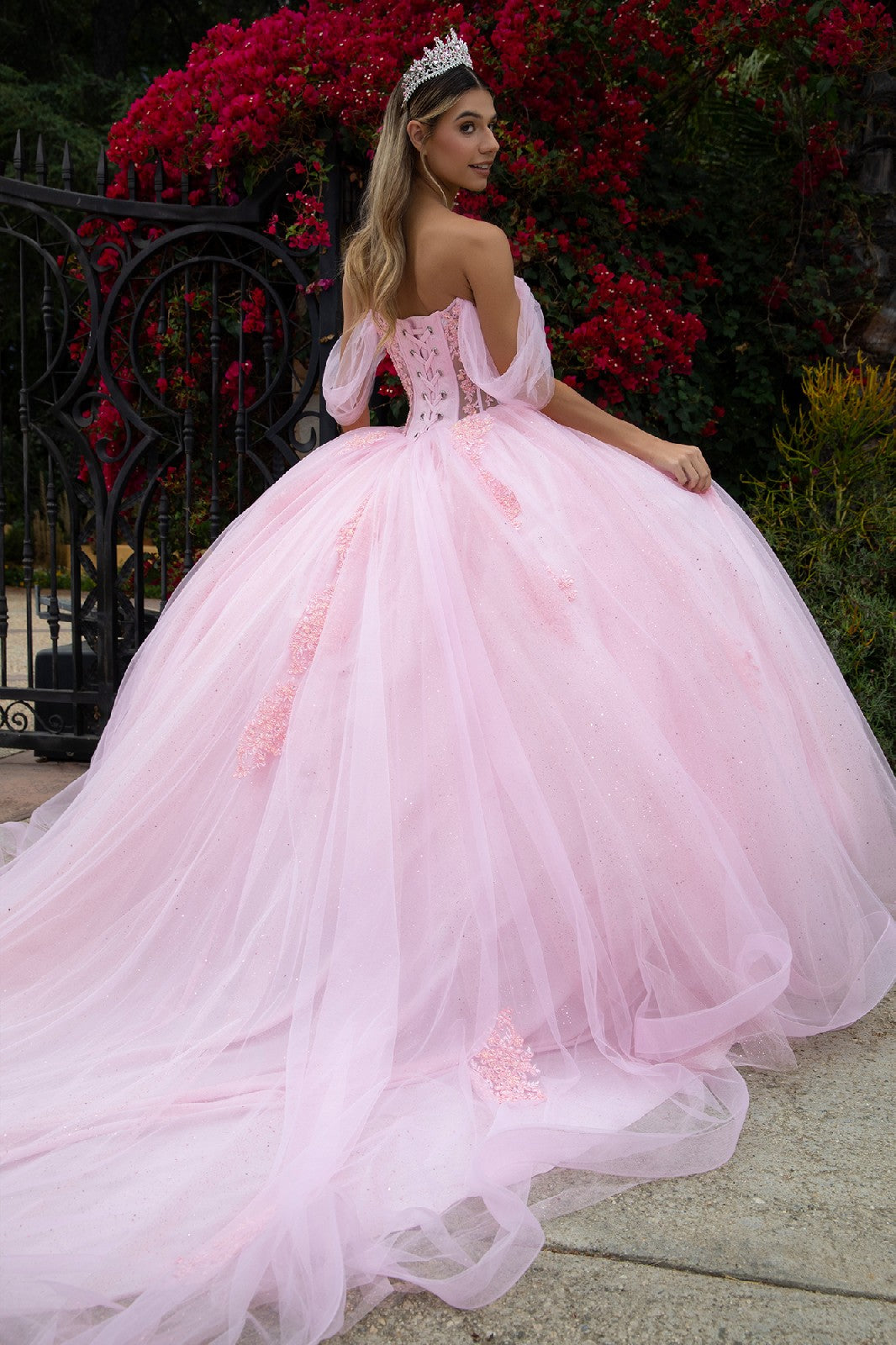 Sheer Bodice Lace Embellished Glittet Mesh Sweetheart Quinceanera Dress