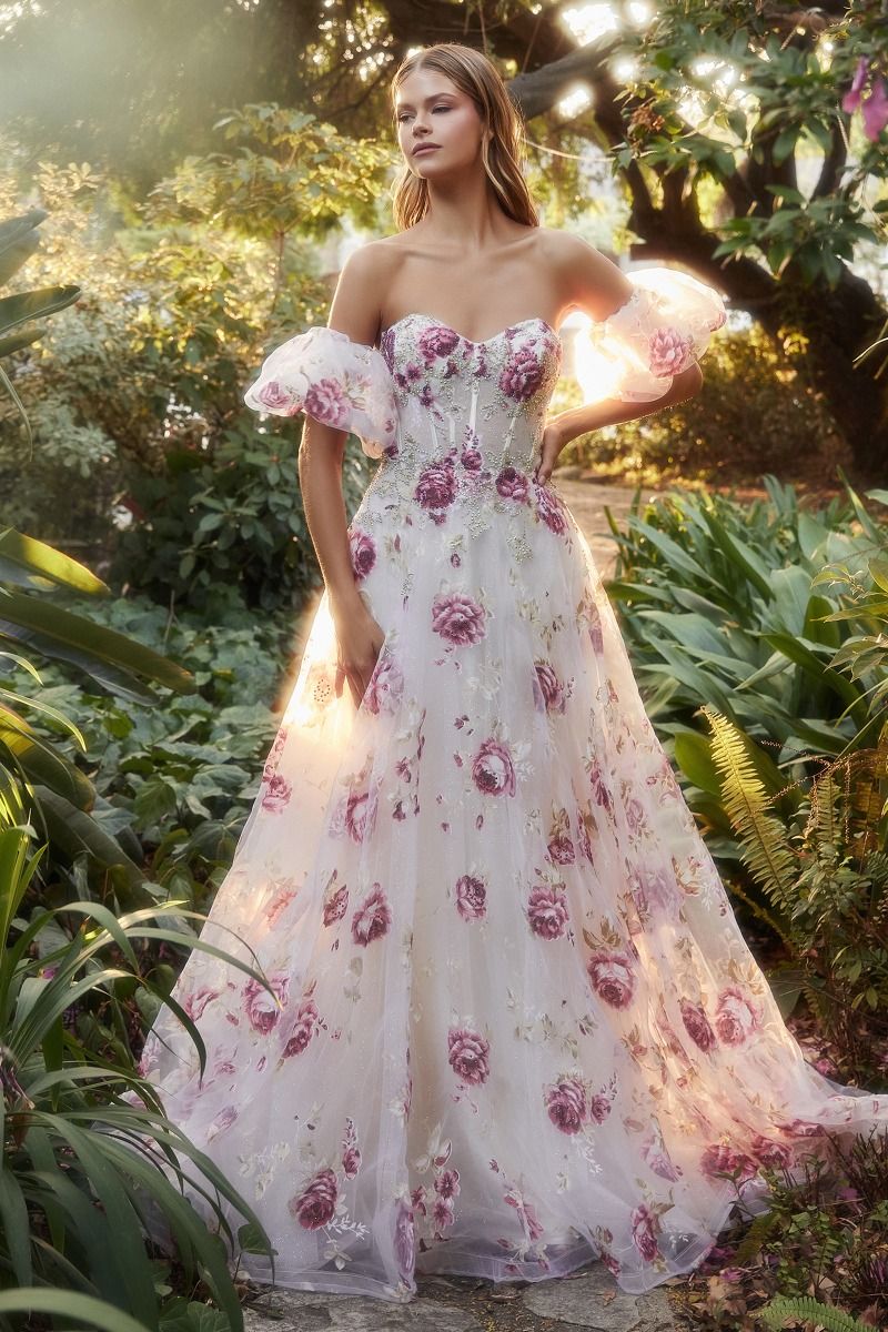 Strapless Organza Peony Print Ball Gown