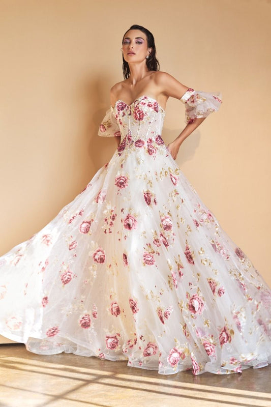 Strapless Organza Peony Print Ball Gown