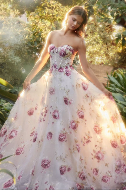 Strapless Organza Peony Print Ball Gown