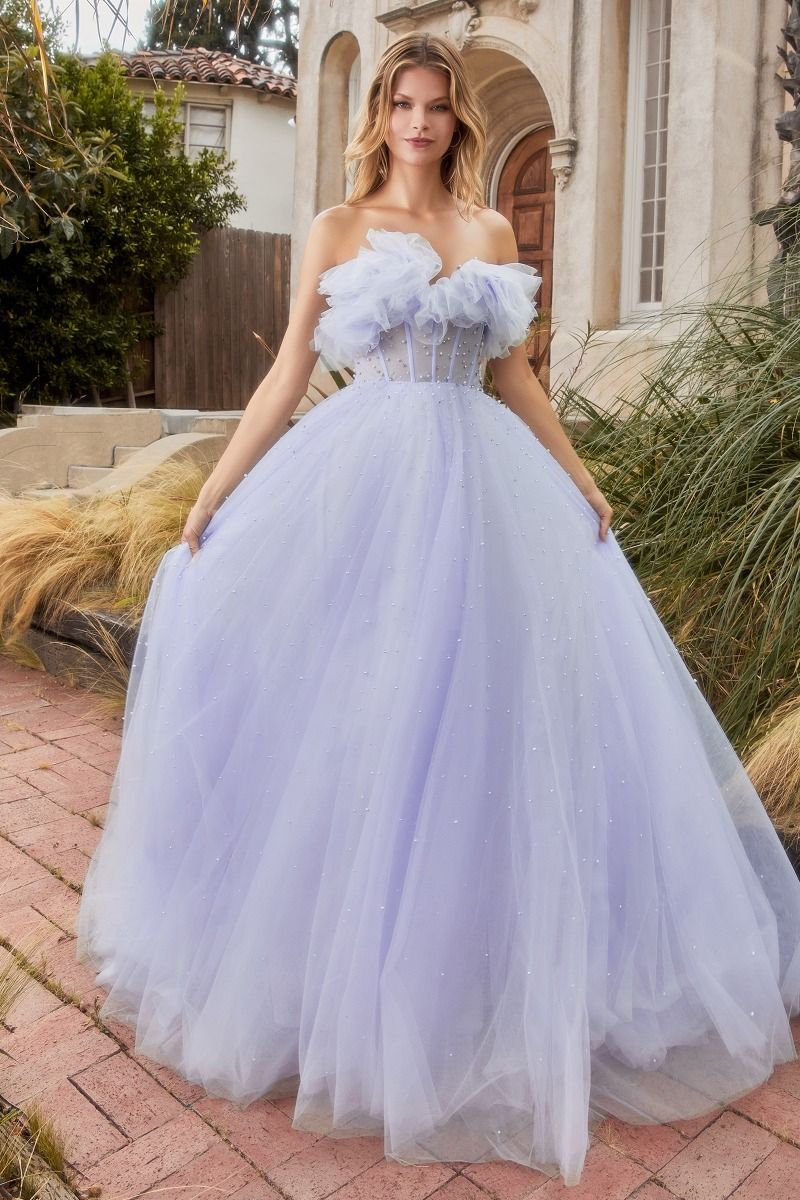 Gathered Tulle Pearl Ball Gown