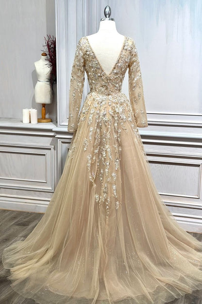 Champagne Long Sleeve Beaded A-Line Gown