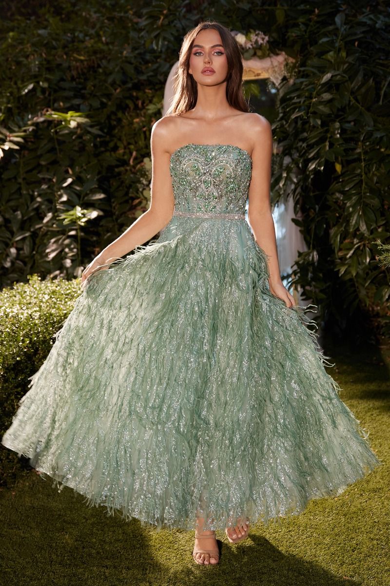 Strapless Feather Tea Length Sage Dress