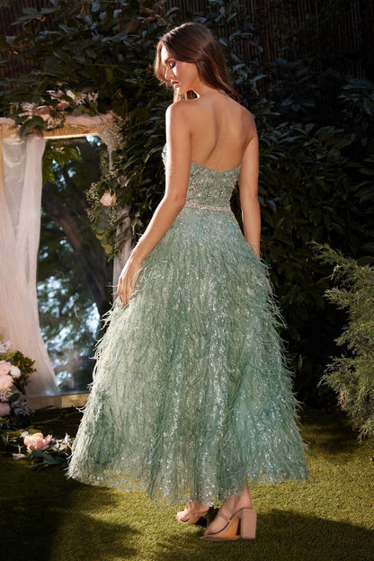 Strapless Feather Tea Length Sage Dress