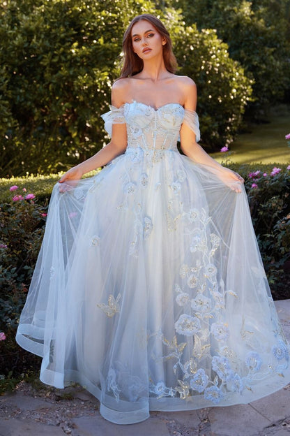 Off The Shoulder Floral Applique Ball Gown