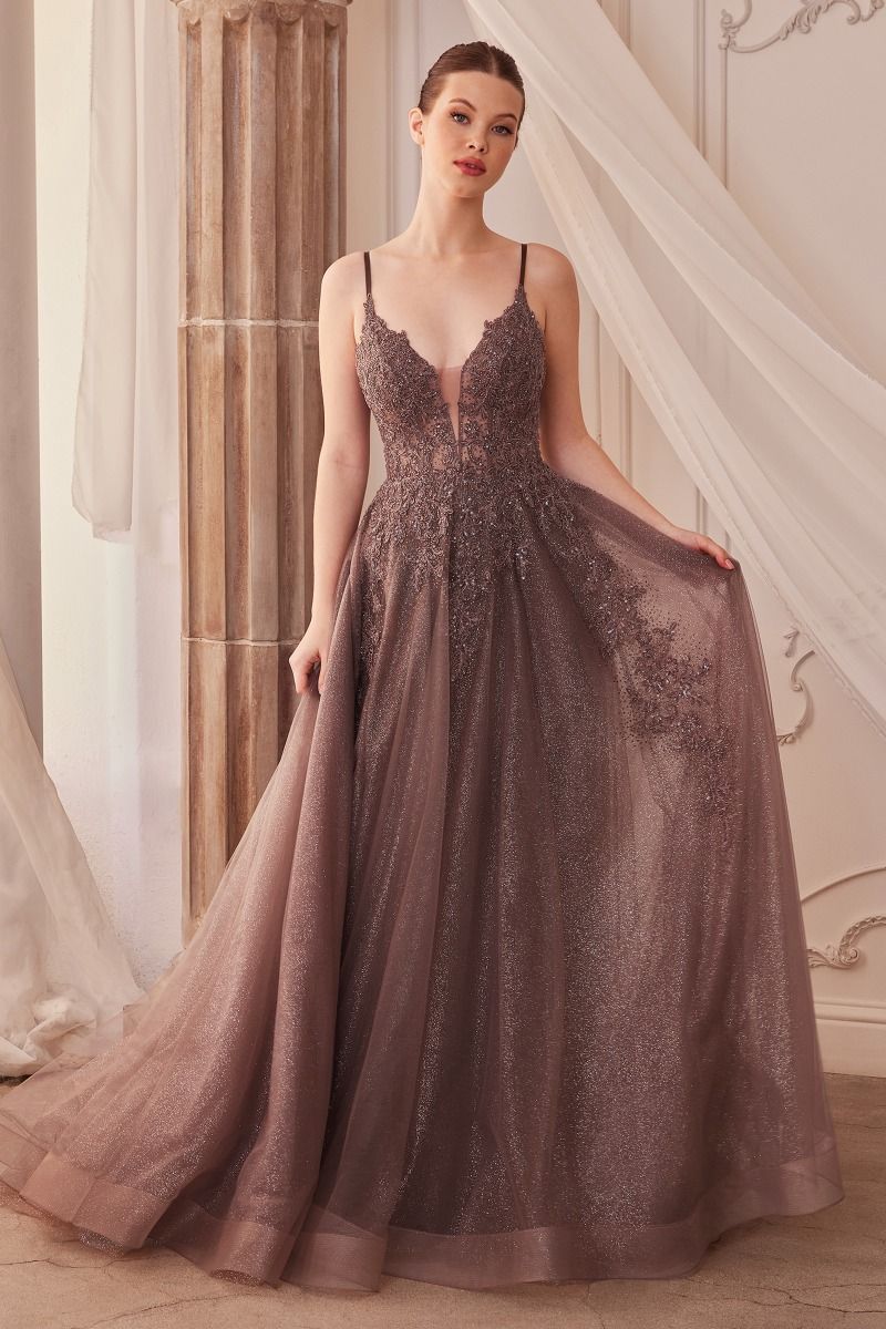 Lace Embellished A-Line Layered Tulle Gown