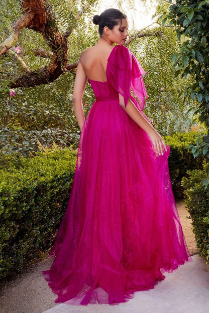 One Shoulder Magenta A-Line Gown