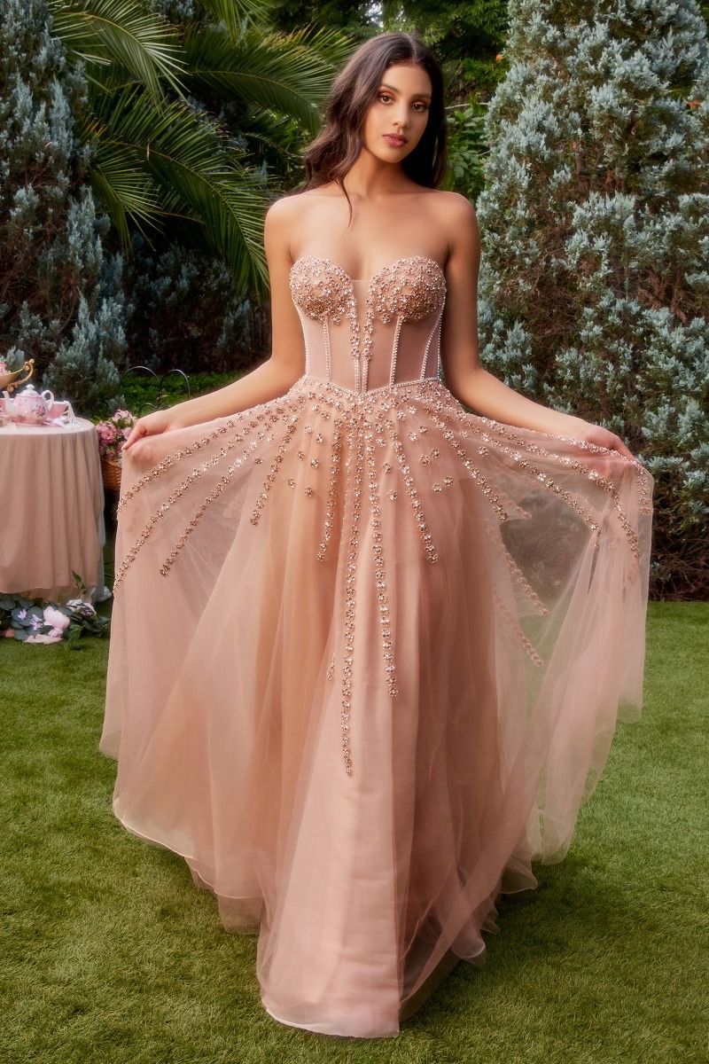 Strapless Beaded Gown With Bow Sleeve Accessories