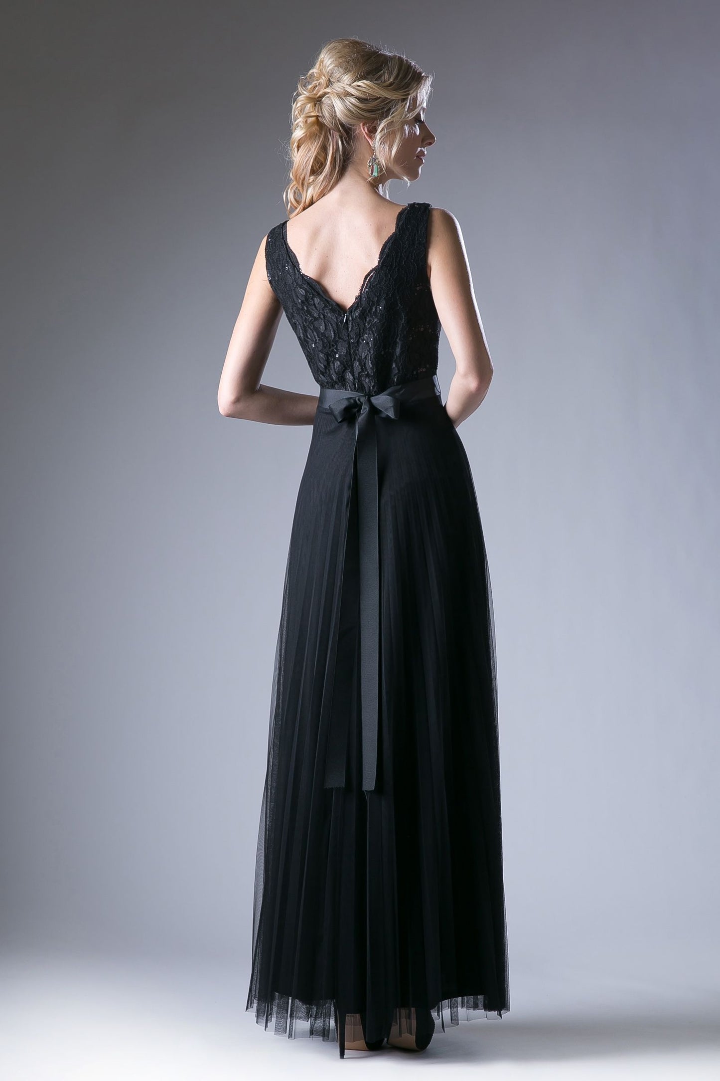 A-line dress with lace bodice and pleated tulle skirt.