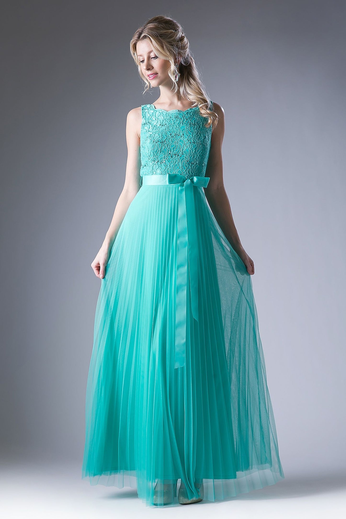 A-line dress with lace bodice and pleated tulle skirt.