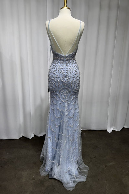 Fitted Beaded Blue Gown