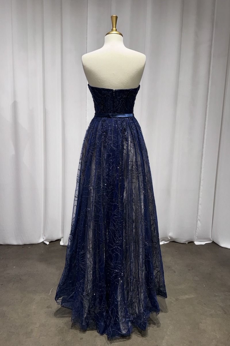 Strapless Navy Lace A-Line Dress