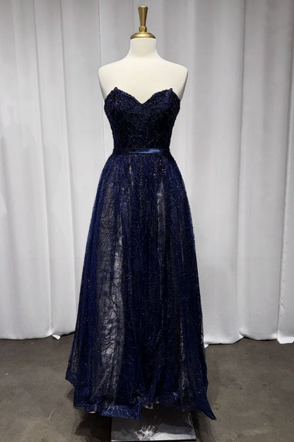 Strapless Navy Lace A-Line Dress